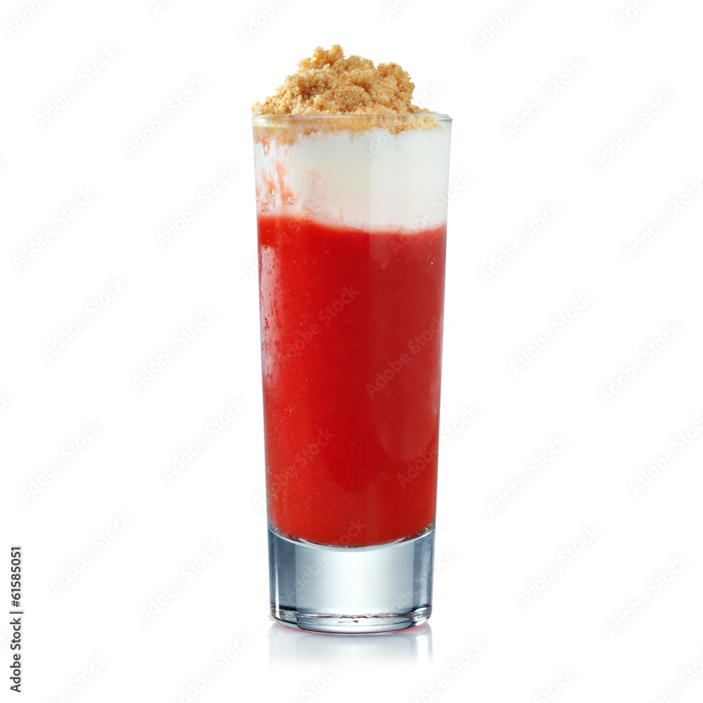 Strawberry and raspberry shot with cream and almond chips isolat Strawberry and raspberry shot with cream and almond chips isolat