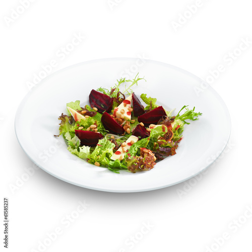 Fresh vegetarian gourmet salad with baked beetroot and cheese se