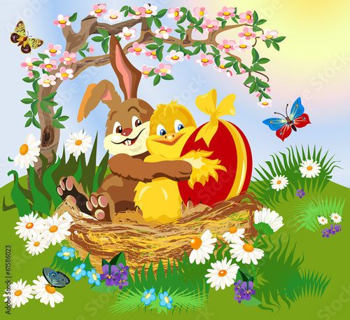 Fototapeta Naklejka Na Ścianę i Meble -  Easter, rabbits, chicken,  red egg