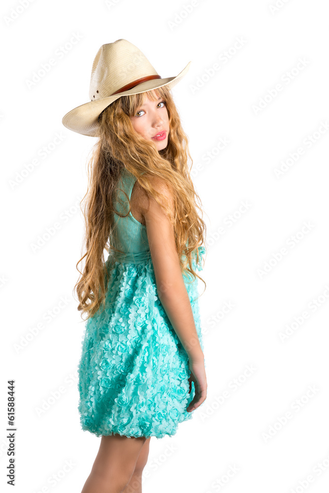 Blond fashion cowboy hat girl with turquoise dress Blond fashion cowboy hat girl with turquoise dress