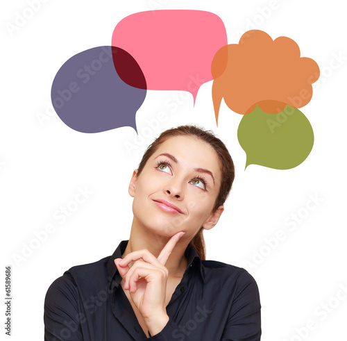 Thinking woman with many colorful chart bubbles above isolated