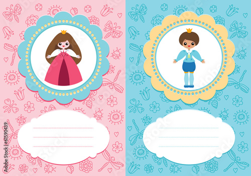 Baby-girl and baby-boy cards with cute prince and princess.