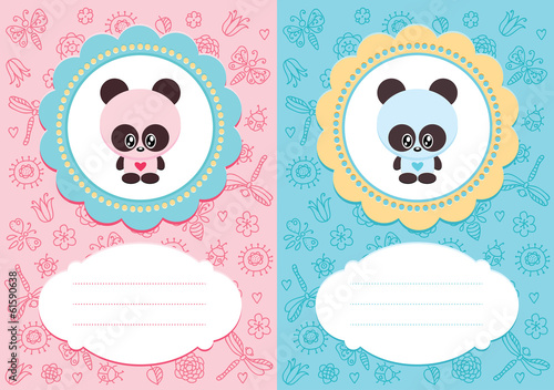 Baby-boy and baby-girl cards with cute panda