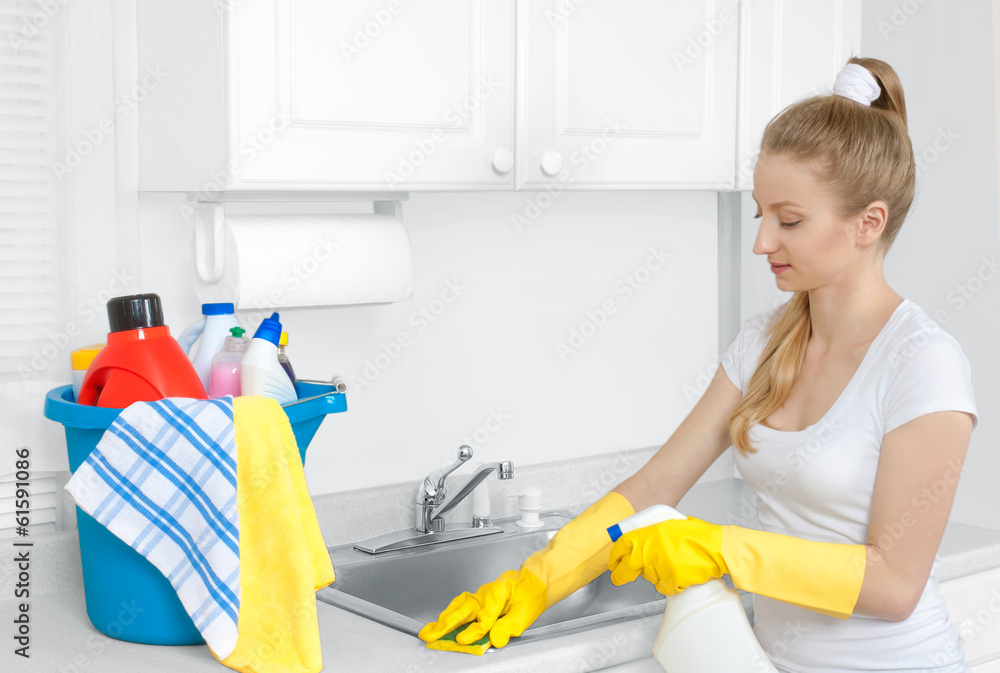 Obraz premium woman with cleaning stuff 