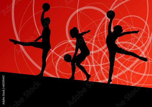 Active young girls calisthenics sport gymnasts silhouettes with