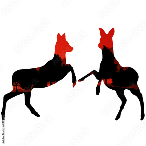 Doe venison deer animal silhouettes in wild nature forest landsc