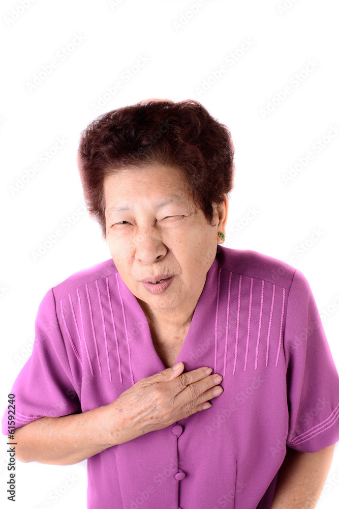 Senior Woman with heart pain isolated on white background Senior Woman with heart pain isolated on white background