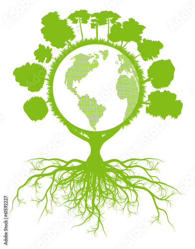 Tree world globe ecology vector background concept with roots