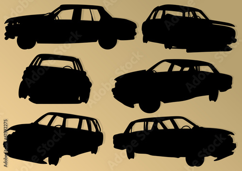 Old used automobile cars metal scrapyard graveyard landscape in