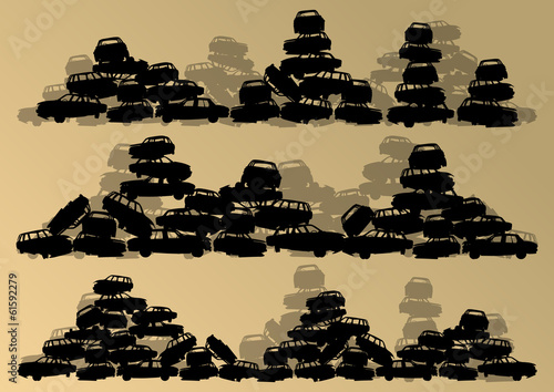 Old used automobile cars metal scrapyard graveyard landscape in