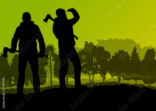 Logger woodcutter with ax in wild mountain forest nature landsca