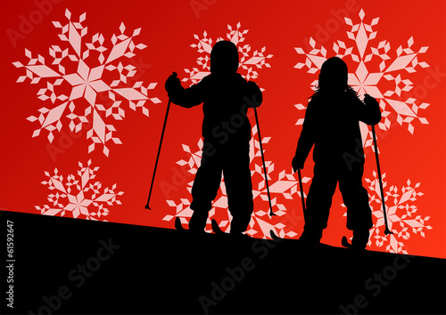 Active children skiing sport silhouettes in winter ice and snowf
