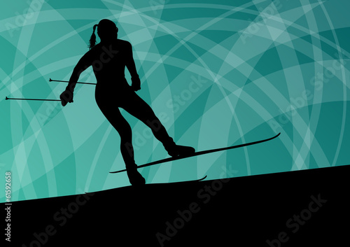 Active young woman girl skiing sport silhouette in winter ice an