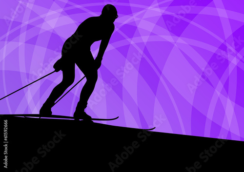 Active young woman girl skiing sport silhouette in winter ice an