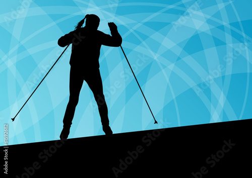 Active young woman girl skiing sport silhouette in winter ice an