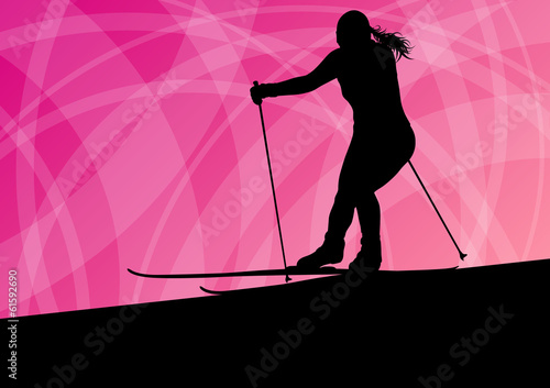Active young woman girl skiing sport silhouette in winter ice an