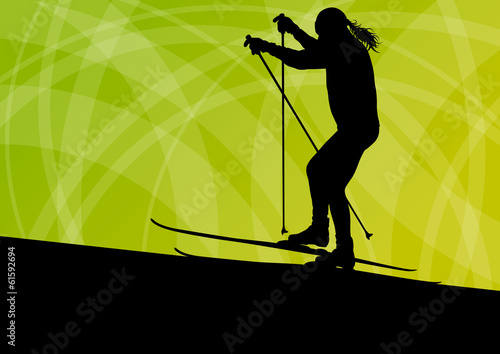 Active young woman girl skiing sport silhouette in winter ice an