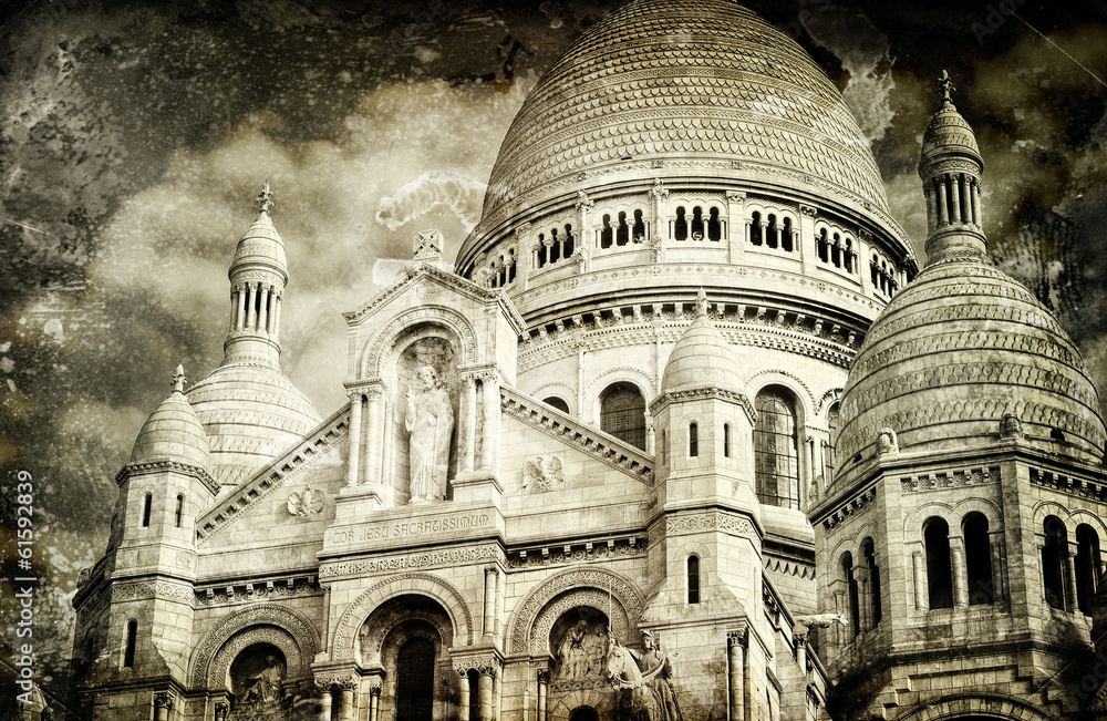 Aged vintage retro picture of Sacre Coeur Cathedral in Paris