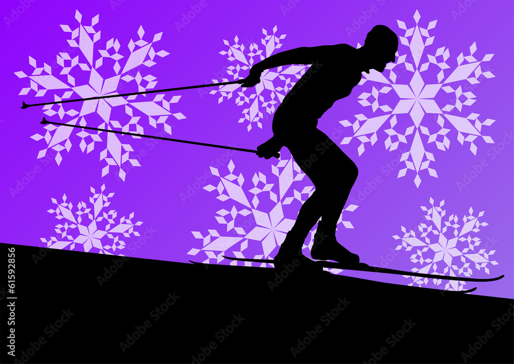 Active young man skiing sport silhouette in winter ice and snowf Active young man skiing sport silhouette in winter ice and snowf