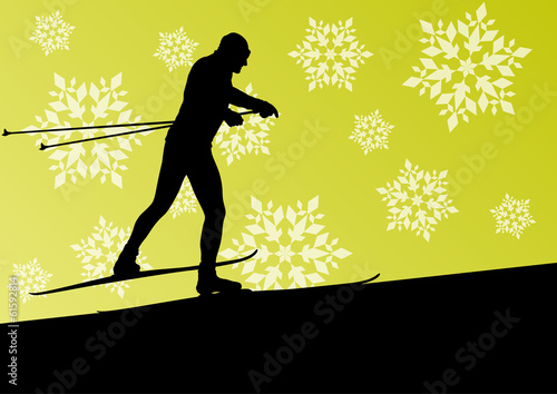 Active young man skiing sport silhouette in winter ice and snowf