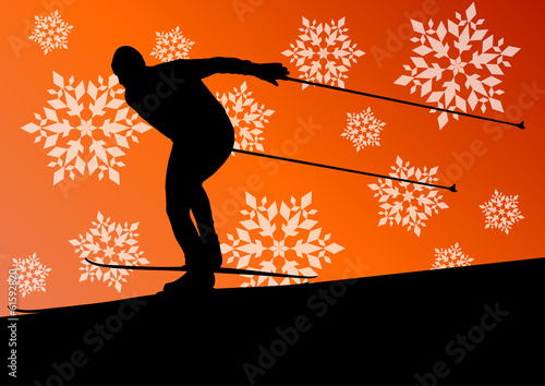 Active young man skiing sport silhouette in winter ice and snowf