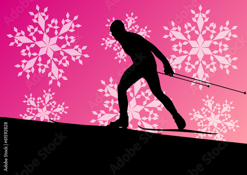 Active young man skiing sport silhouette in winter ice and snowf