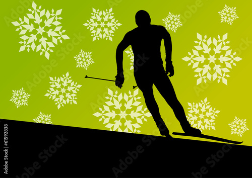 Active young man skiing sport silhouette in winter ice and snowf