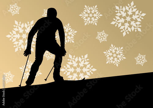 Active young man skiing sport silhouette in winter ice and snowf