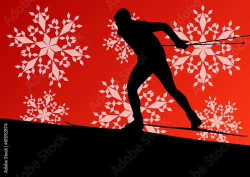Active young man skiing sport silhouette in winter ice and snowf