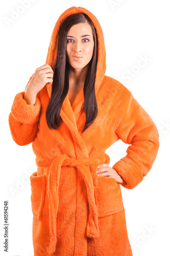 cute brunette in an orange bathrobe photo