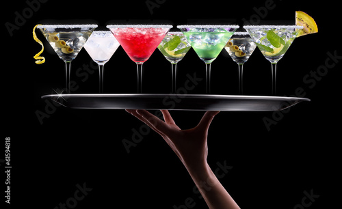 alcohol cocktail set on a waiter tray