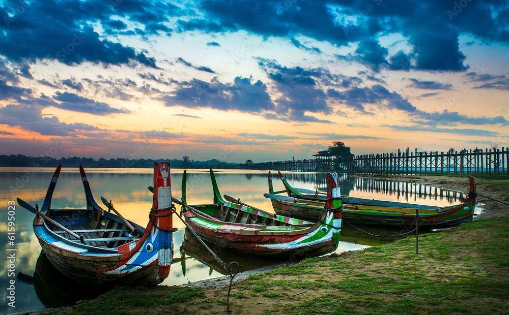 .Colorful old boats on a lake in Myanmar