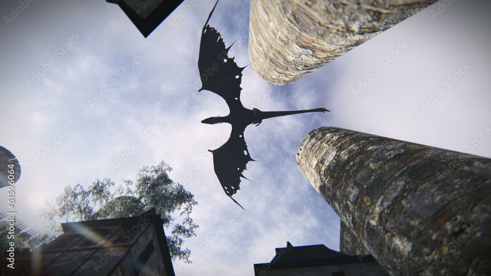 Mythological dragon flying over a medieval village