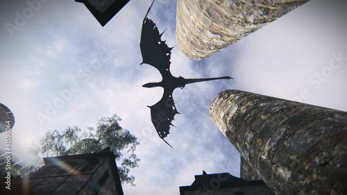 Mythological dragon flying over a medieval village