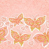 Pink seamless border with colorful butterflies.
