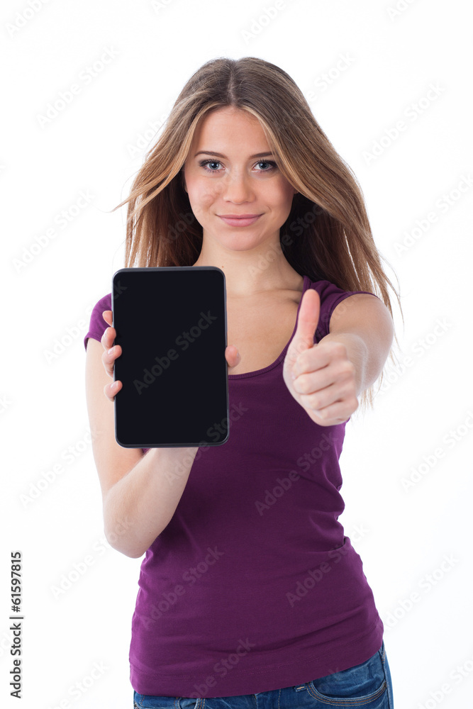 Fototapeta premium Positive woman holding a touchpad