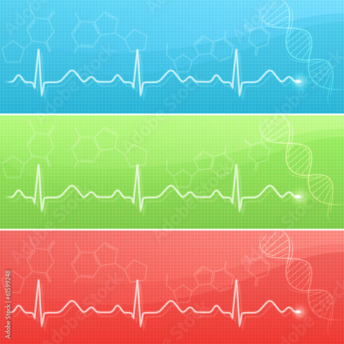 Medical background with cardiogram and DNA in three colors