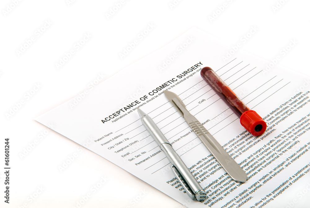 Isolated acceptance cosmetic surgery form scalpel pen blood tube Isolated acceptance cosmetic surgery form scalpel pen blood tube