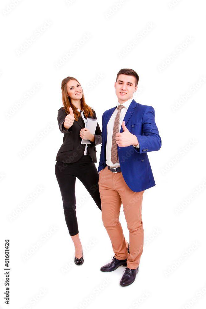 Business people with tablet computer making thumb up Business people with tablet computer making thumb up