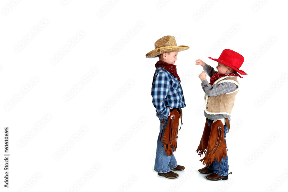 two cowboys playing fighting being silly