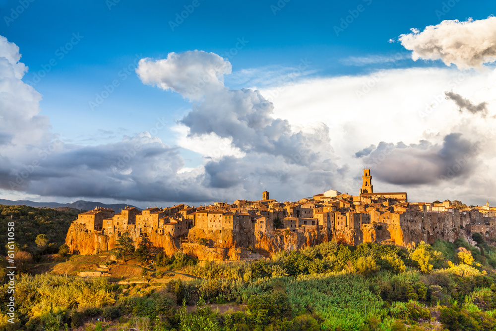 Medieval town of Pitigliano at sunset, Tuscany, Italy