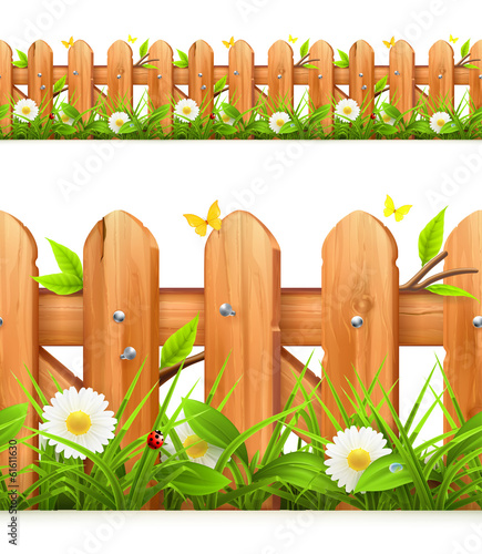 Grass and wooden fence seamless border, vector illustration