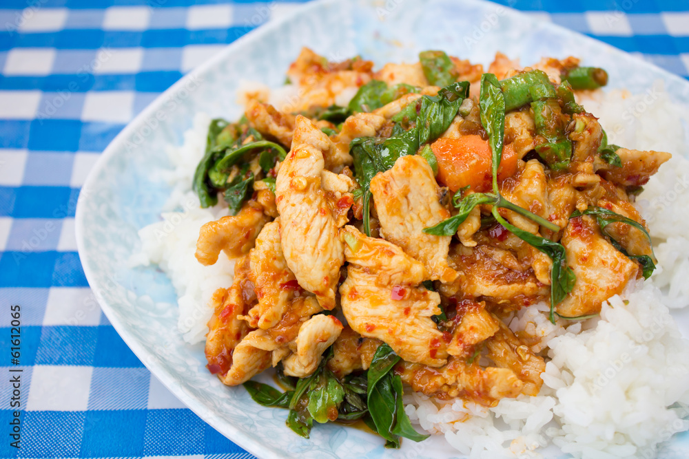Stir fried chicken in holy basil - thai food Stir fried chicken in holy basil - thai food