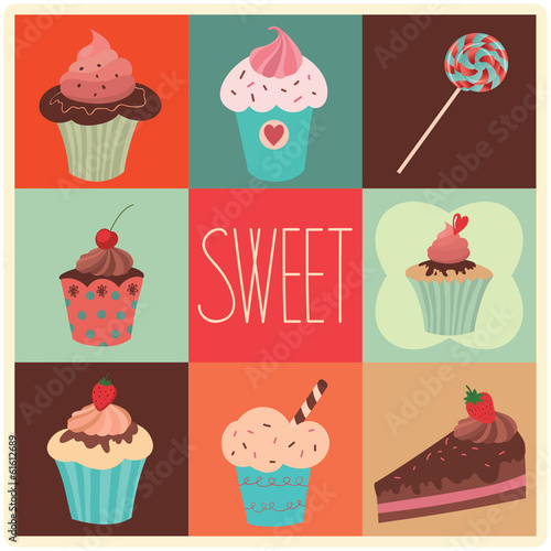 Set of vector sweet cupcakes