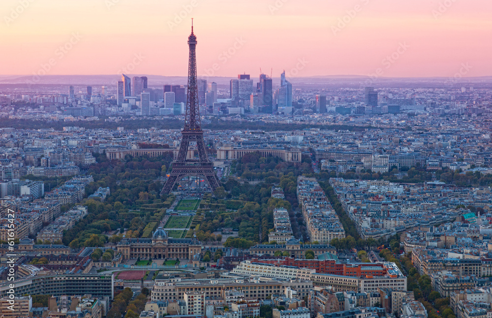 Aerial view of Paris at sunset