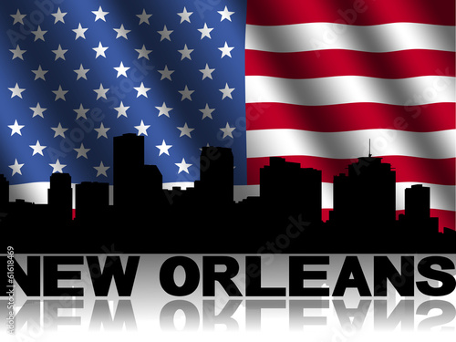 New Orleans skyline and text reflected with flag illustration