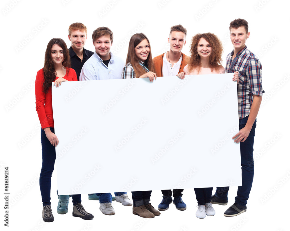 group of smiling friends holding blank banner group of smiling friends holding blank banner