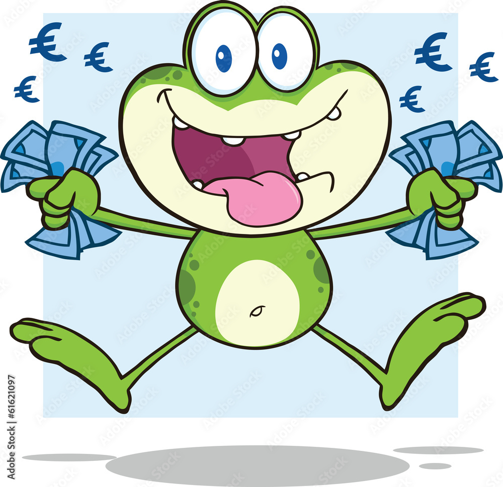 Obraz premium Green Frog Cartoon Mascot Character Jumping With Euro