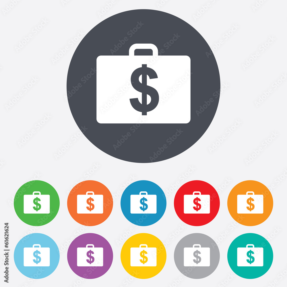 Case with Dollars USD sign. Briefcase button. Case with Dollars USD sign. Briefcase button.