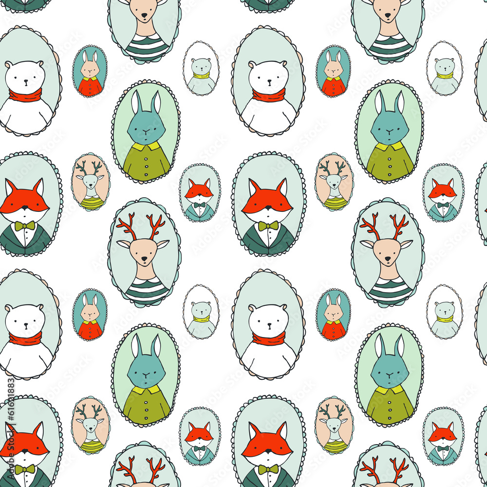 Animals portraits pattern : bear, deer, rabbit, fox Animals portraits pattern : bear, deer, rabbit, fox